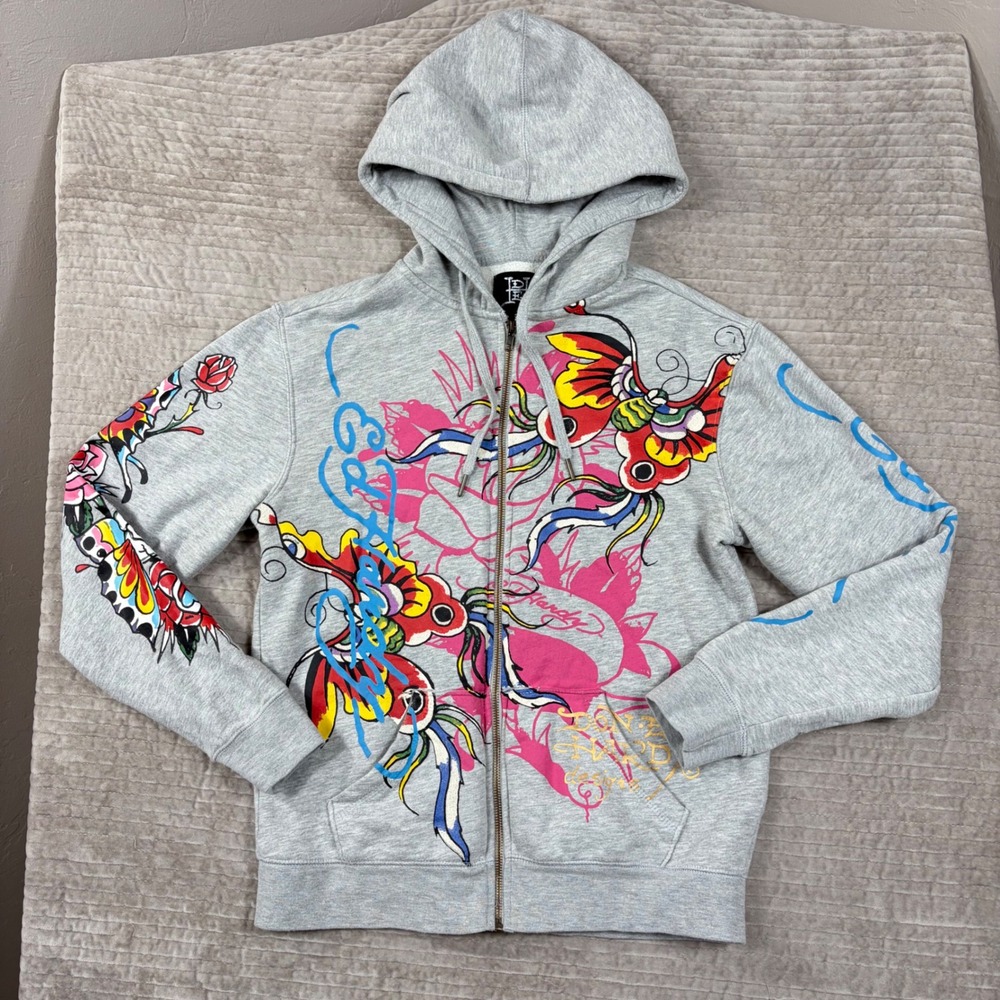 Ed Hardy Christian Audigier Gray Tattoo Graphic Zip Up Hoodie Small EHFN1301-7